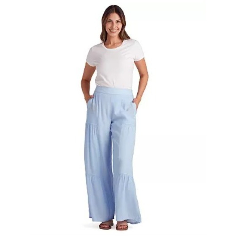 AB Studio Pants Womens XL Blue Pull-On Tiered Wide Leg Boho Casual Pockets